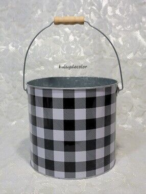 Galvanized Metal Black White Buffalo Check Planter Pot Bucket Wood Farmhouse 7"